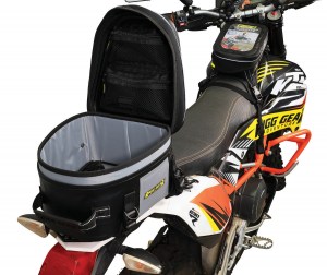 Photo of Hurricane Dual Sport Tail Bag (SE-4012) on white background mounted to tail section of KTM 690